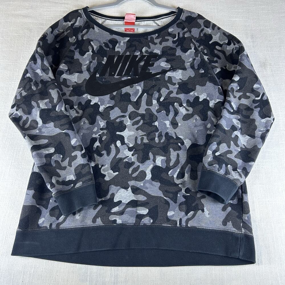 Nike Women Sweatshirt Medium Gray Camo‎ Logo Rally AOP Scoop Neck Pullover